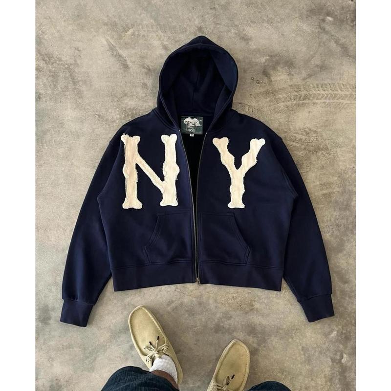 Casual faux pocket ripped letter number applique hooded jacket best sale