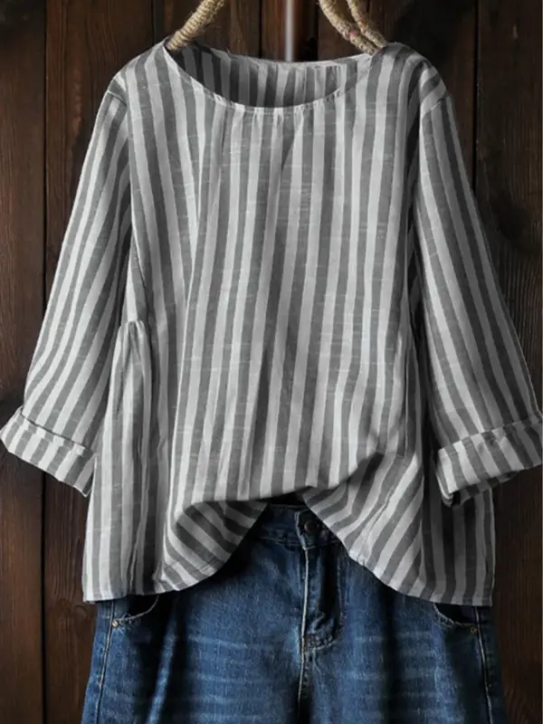 【Plus Size】 Striped Print Blouse, Casual Crew Neck Top for Spring & Fall, Women's Clothes for Daily Wear 5