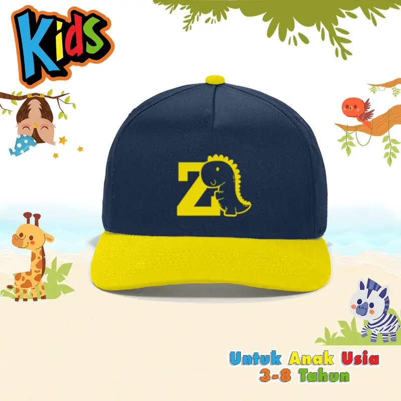 Topi Anak Inisial Abjad Dino Kuning Navy A-Z Laki laki Perempuan Usia 3 - 8 Tahun | kuning Navy | Dino Alfabet | Dino | Topi Custom Nama Anak | Topi Snapback Anak | Topi Baseball Anak | Elcustom Kids 2