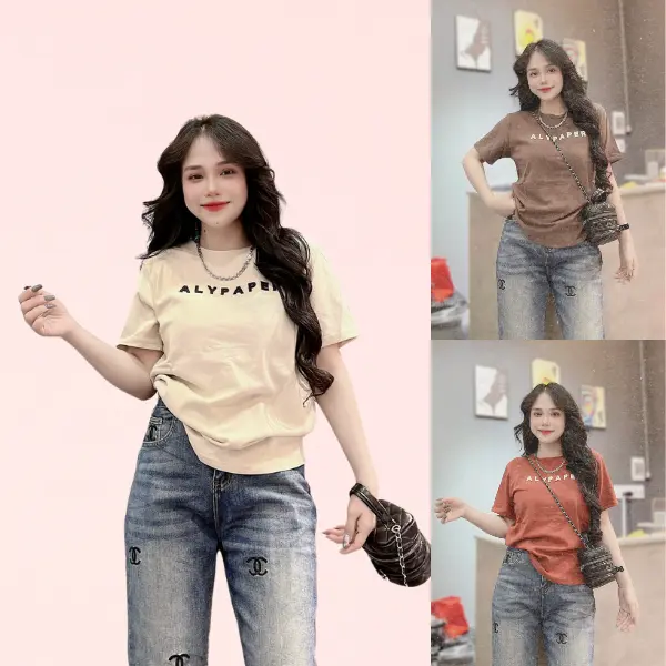 A024 - Áo Thun Nữ Cotton Thái Co Giãn Tôn Dáng, Mịn Mát, Thấm Hút Mồ Hôi, Phối Hình Nổi ALYPAPER Top Women