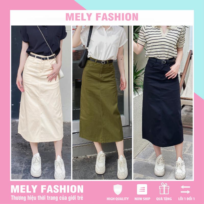 Chân váy kaki dáng dài midi phong cách ulzzang vintage jean denim xẻ sau cá tính trẻ trung đi màu đen kem rêu nữ Mely Fashion CV67-01