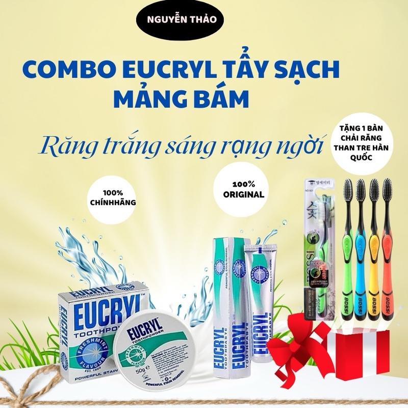 D1_ [ EUCRYL ] Combo làm trắng răng hương bạc hà Eucryl paste fresh mint ( bột tẩy trắng răng 50gram + kem đánh răng 50 gram ) , kèm 1 bàn chải răng than tre Nước Súc Miệng Súc Miệng 1
