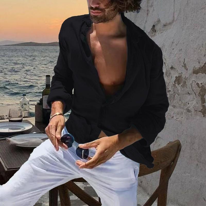 Product Introduction of Men Plain Cotton And Linen-Blend Loose Lapels Long-Sleeved Casual Cardigan Beach Shirt 16