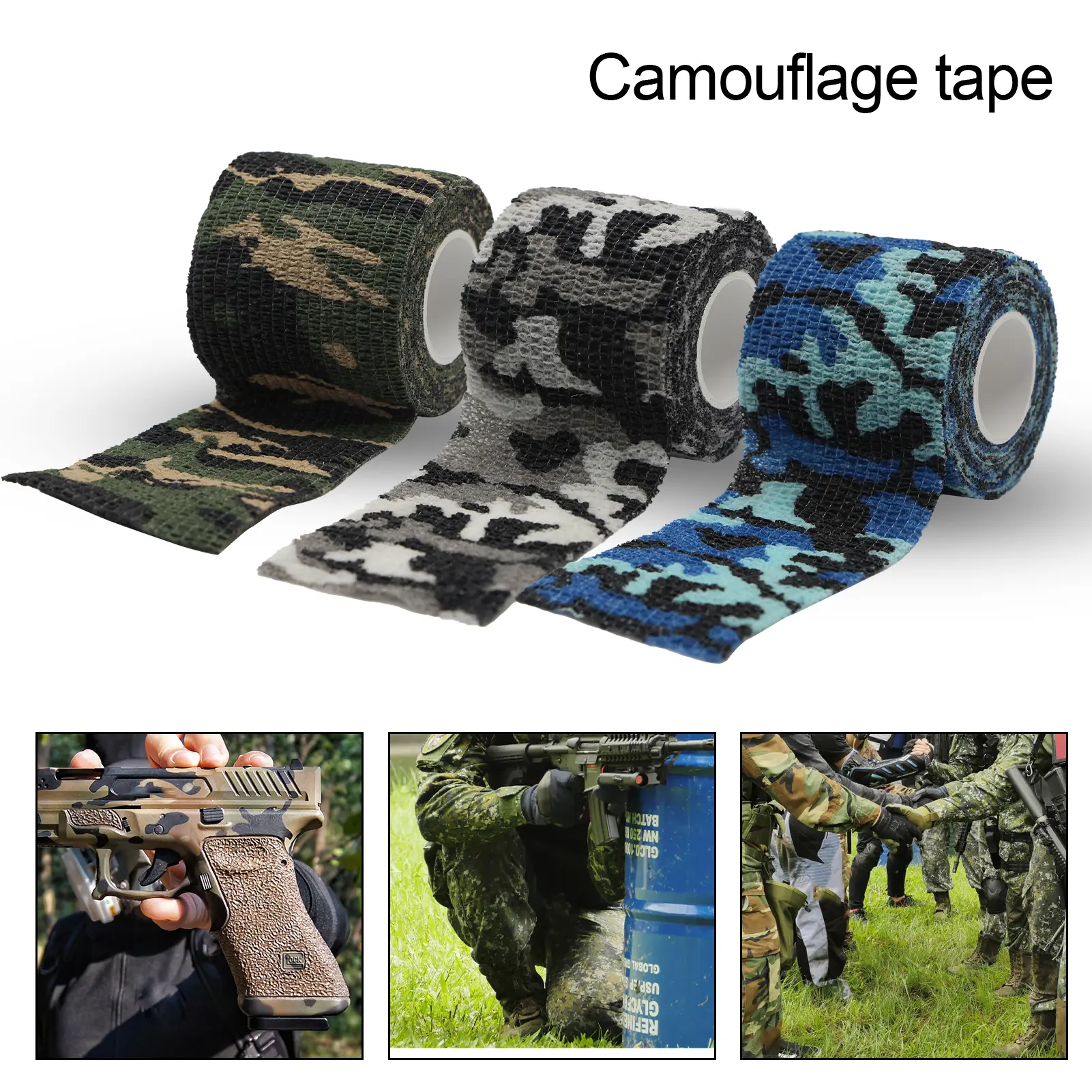 Băng Rằn Ri Chống Trầy Xước, 1 Cuộn, Băng Co Giãn Camo Quân Đội Ứng Dụng Rộng Rãi, Tự Dính, Cho Ngoài Trời