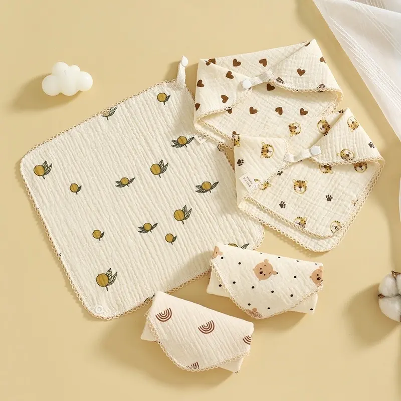 Sét 5 khăn yếm vải xô Muslin 2in1- Khăn sữa kèm yếm tam giác Cotton Kem Voi Len 2
