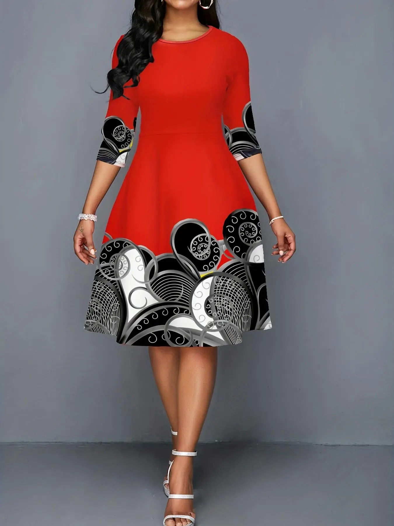 Women's Random Tribal Print Round Neck Knee Length Dress, Casual Half Sleeve Printed A Line Dress for Spring & Fall, Women's Clothing for Daily Wear