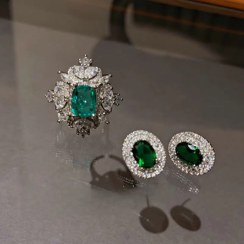 Shining Peacock Emerald Ring 18K Gold Plating Flower Emerald Zircon Full Diamond Ring Feather Earrings