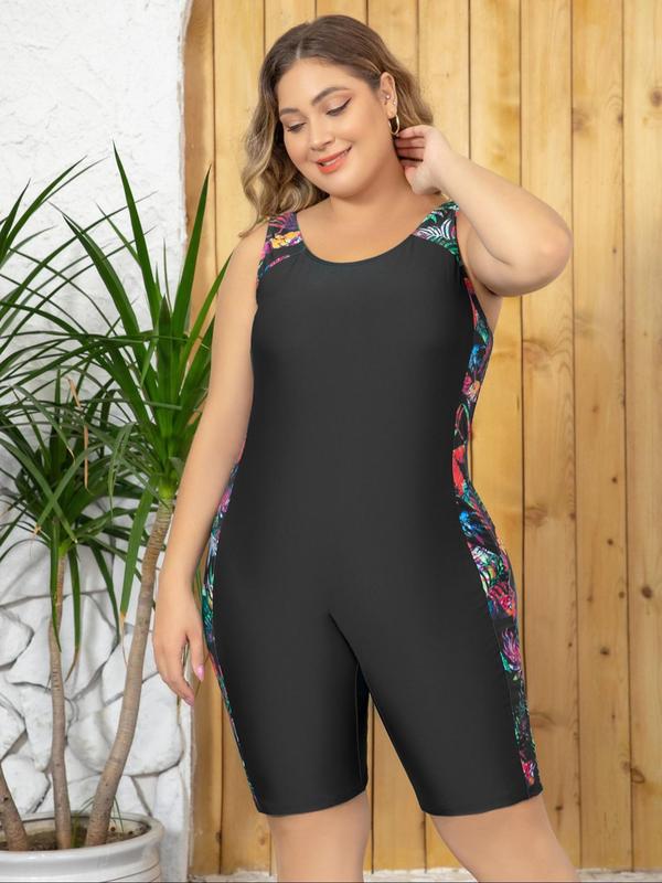Plus Size Women's Leaf Patchwork Print One Piece Swimsuit, Boho Scoop Neck Cami Swimwear, Bathing Suits 2024, Summer Outfits 2024, Summer Tummy Control Curve Swimwear 2