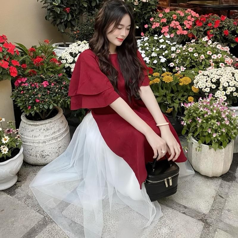 Product Introduction of Sét Áo Dài Cách Tân Nhung Tăm Mặc Tết 2025 Gồm Áo Dài Nhung Tay Xoè + Chân Váy Xoè Dài Nữ Women Dress Đỏtop 2025top 8