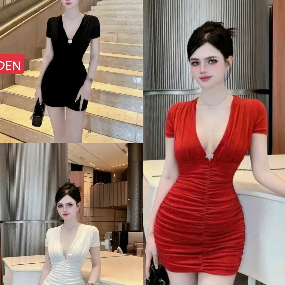 Đầm body cổ V tay ngắn nhúng eo dáng ngắn tôn dáng_ Chất thun ladong