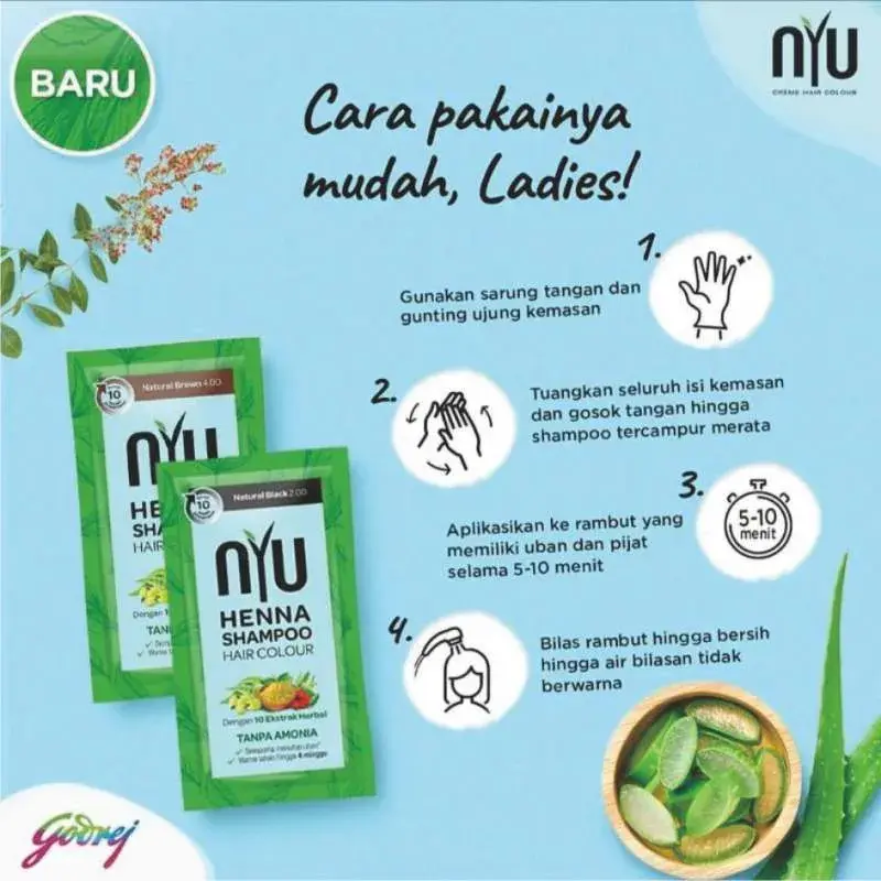 NYU Henna Shampoo Hair Colour 1 BOX Isi 4 Sachet 20 ml - Shampo pewarna rambu Dye Cat Mengcover Uban Dalam 10 Menit 7