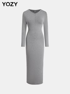 YOZY Women's Plain Zipper Bodycon Dress, Casual Long Sleeve Round Neck Maxi Dress for Spring & Fall, Women's Clothing for Daily Wear
