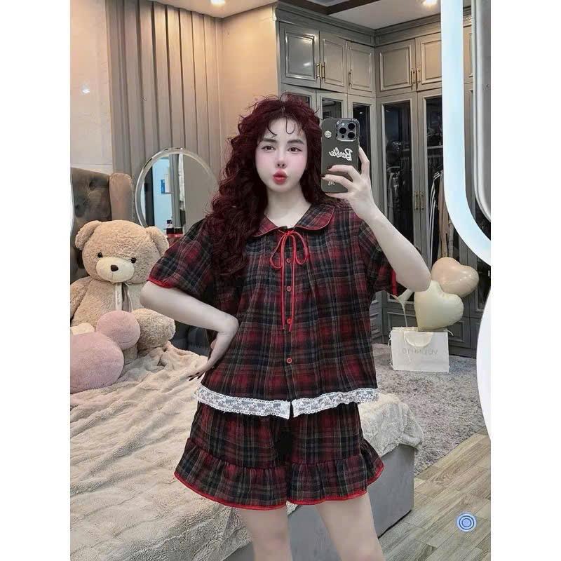 Product Introduction of Bộ pijama dạ ép kẻ cổ sen dây buộc quần ống xuông xinh xắn Nhung 9