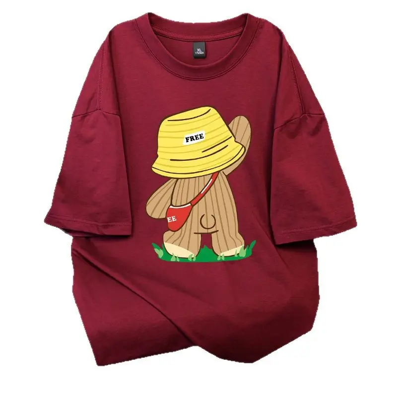 Loose and comfortable summer short sleeve top cartoon hat bear print fresh sweet men's and women's T-shirt kaos  marimas shirts shirts nihao  fine  shyt  shirt streetwear