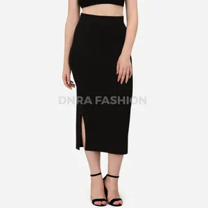 Midi Skirt Kasual Wanita Belah Samping Slim-fitting Polos Hitam Putih panjang Scuba Variasi Santai