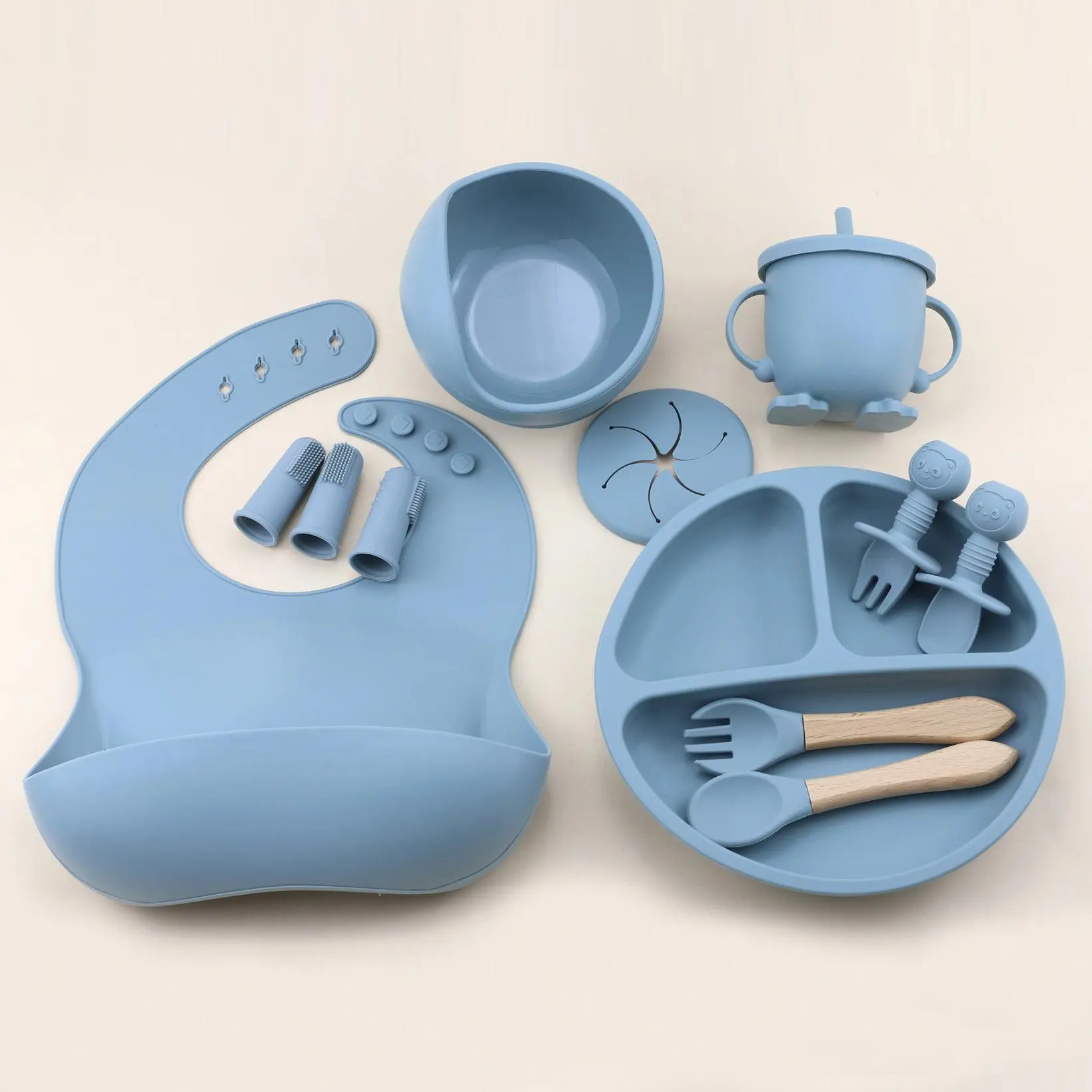 Silicone Baby Feeding Set, 12pcs/set Bowl, Plate, Spoon, Fork, Bib, Finger Toothbrush, Cup with Lid, Baby Dinnerware Set