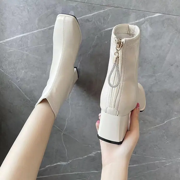 Bốt Cao Gót Chunky Mũi Vuông, Dành Cho Nữ, Phong Cách Pháp, Bốt Da Thời Trang, Bốt Mỏng, Bốt Co Giãn， Shoes， Boot， Hoa