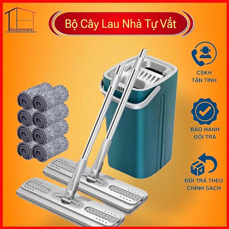 Bộ Cây Lau Nhà( 1 thùng + 2 cây lau + 8 miếng lau) Chổi Lau Nhà Tự Vắt 360 Độ Kèm Bông Lau, Thùng Lau Sàn Làm Sạch Inox thùng nhựa abs có thể xoay thông minh