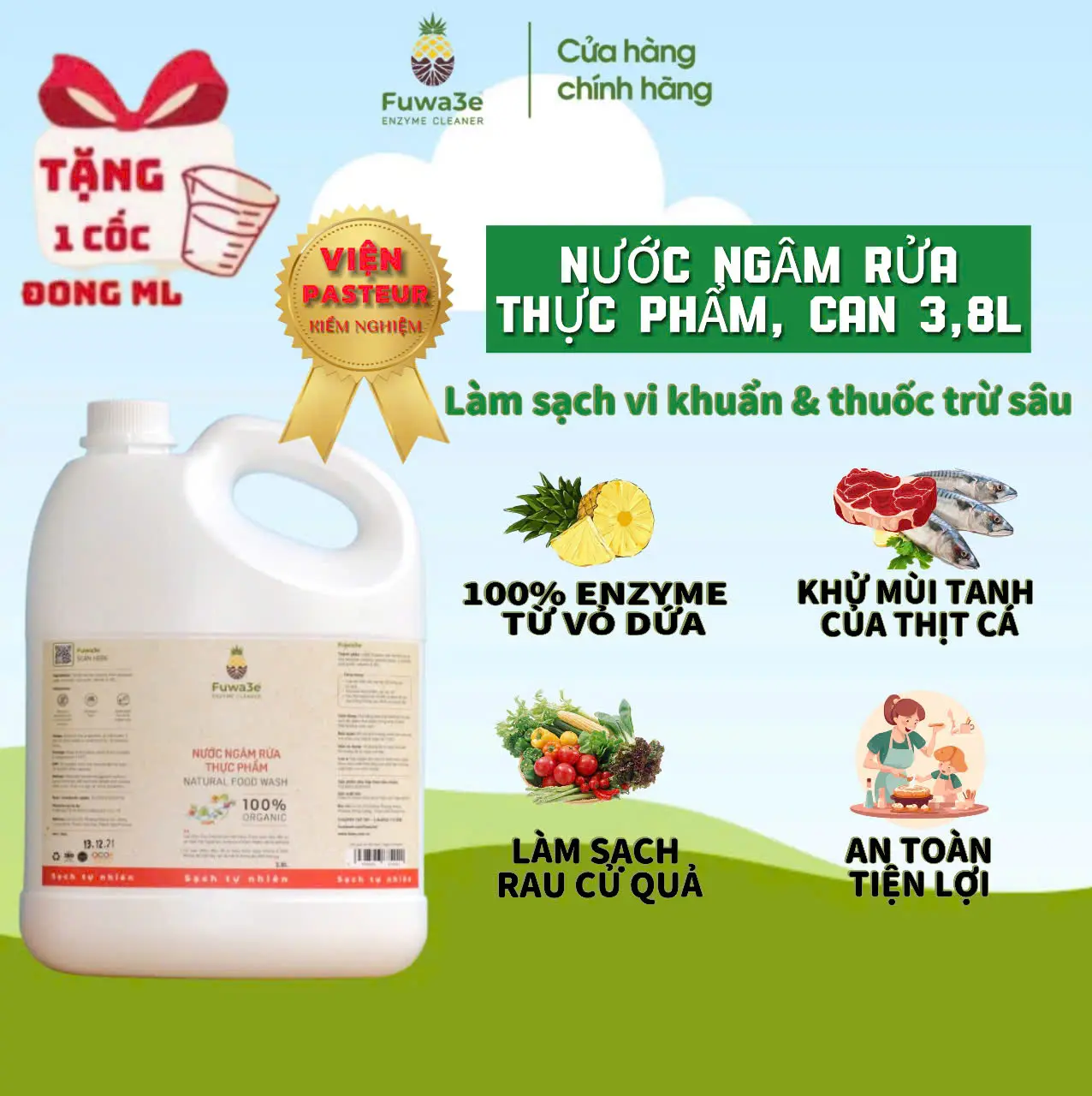 Nước ngâm rửa rau, quả hữu cơ Fuwa3e loại bỏ thuốc sâu, khử mùi thực phẩm với 100% enzyme lên men từ dứa 3,8L