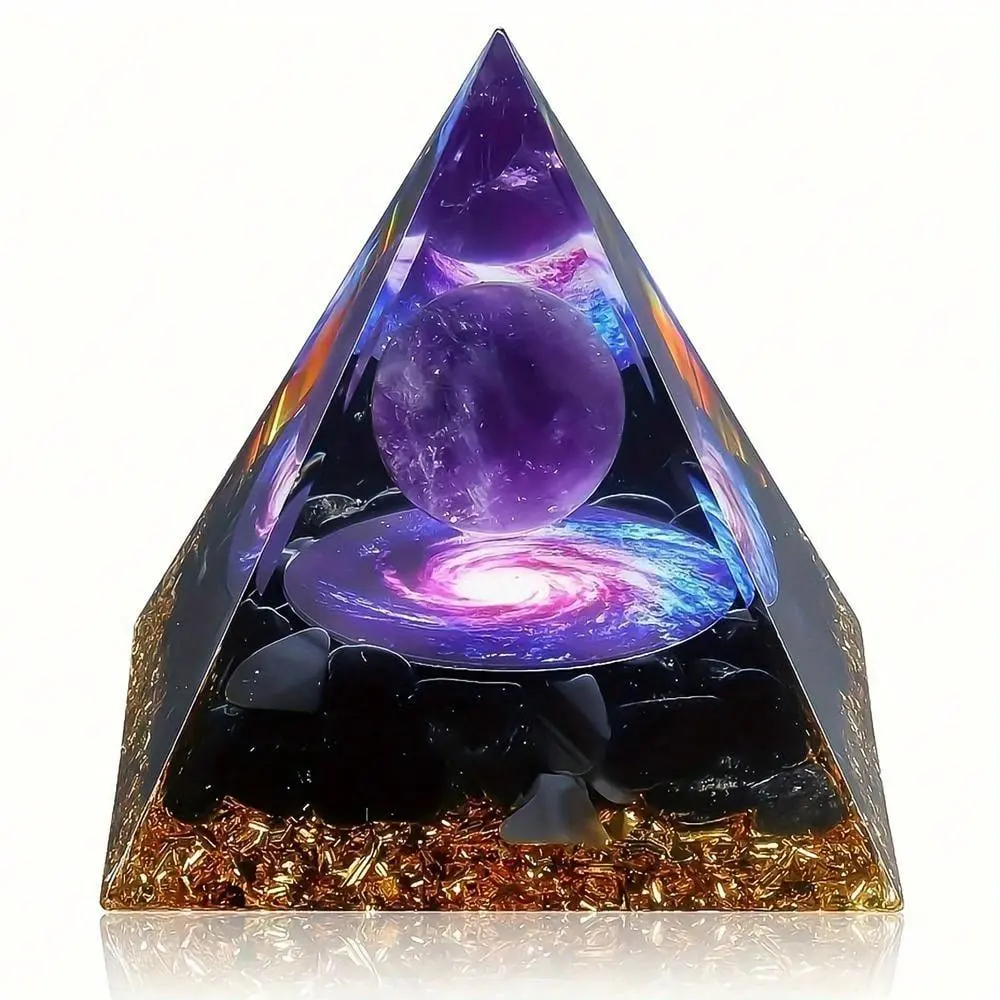 Artificial Amethyst Crystal Ball Pyramid, Creative Desktop Ornament, Resin Decorative Ornament for Home Office, Perfect Gift for Friends