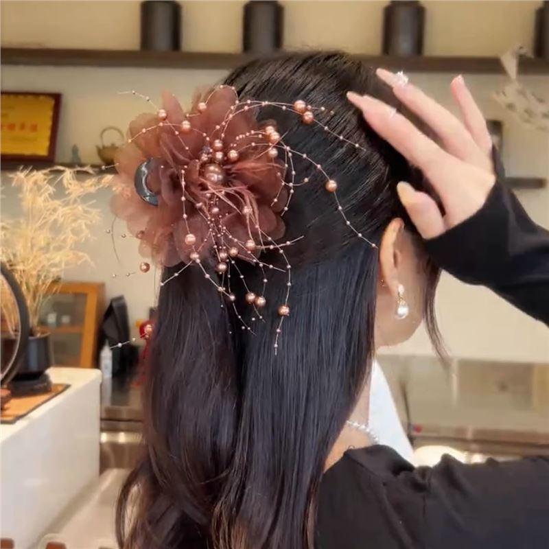 Product Introduction of Fashion Black Mesh Flower Hair Clip Women Shark Ponytail Clip Headdress Temperament Flower Hair Claw Headwear 13