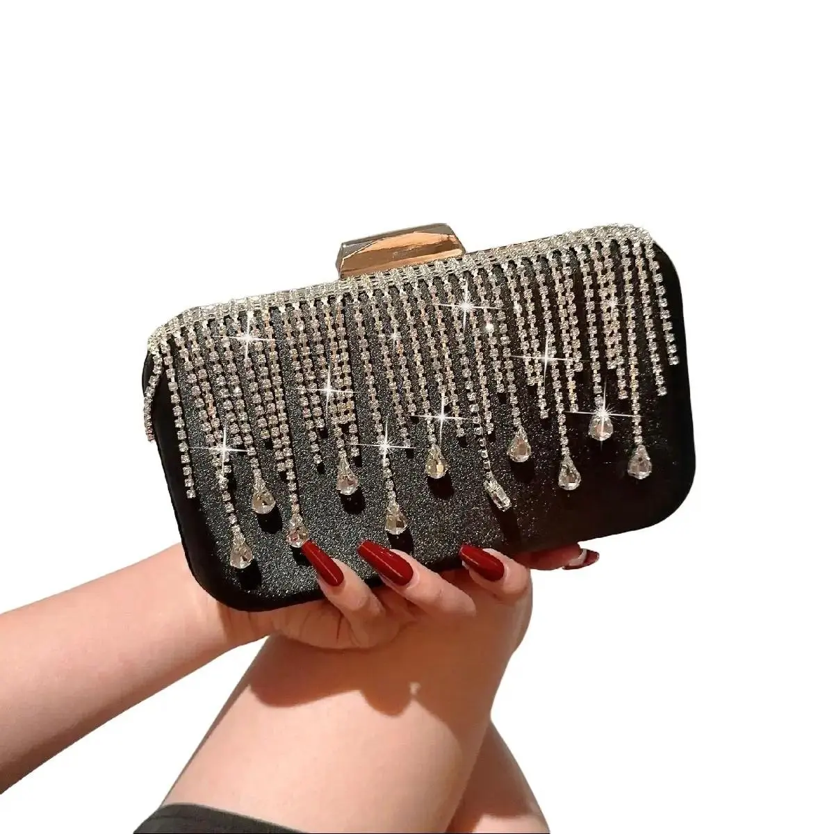 Túi Xách Nữ Đeo Chéo Women Bag Clutch Cầm Tay Cốp Đi Tiệc Đá Tua Rua Giọt Nước Màu Đen Chất Lụa Satin Kèm Dây Xích Size 20 HÀNG QC Nhung Kem Đồng Chữ Nhật Da tui di tuicopnu tuixach camtay tuixach thoitrang Khô sạch Nhẫn