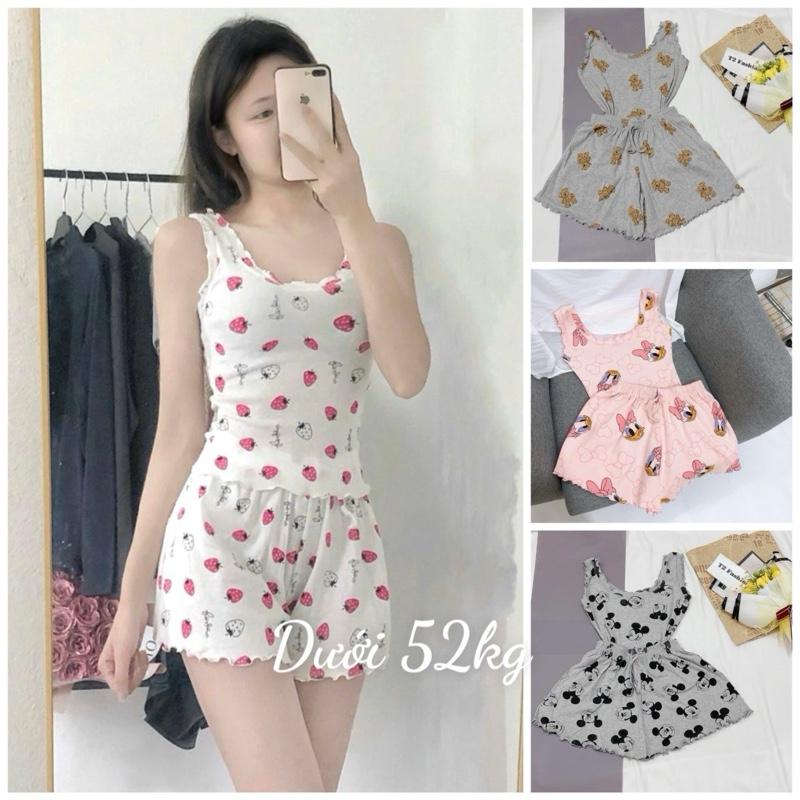 Set đồ ngủ cotton quần đùi áo ba lỗ viền bèo hoạ tiết xiu xinh T329 Nữ Women Quần Ngủ Top