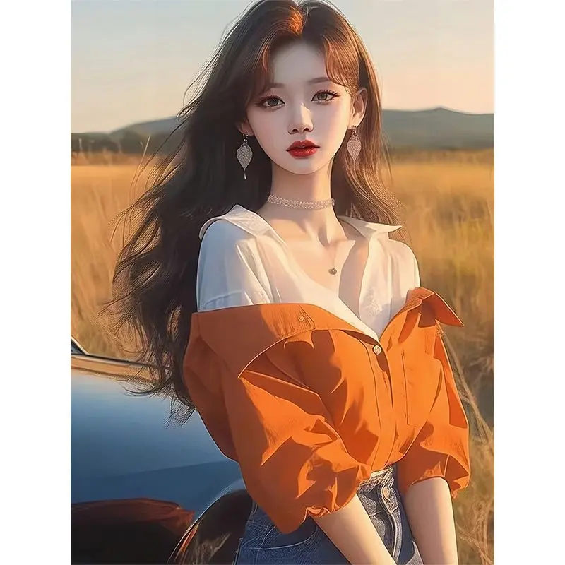 Áo Sơ Mi Cổ Búp Bê, Cho Nữ, Tay Áo Ba Phần Tư, Phong Cách Mùa Thu, Thiết Kế Hai Mảnh Giả, Tay Lửng Mới, Thời Trang Và Sành Điệu, Áo Đầu Mùa Thu, 2024