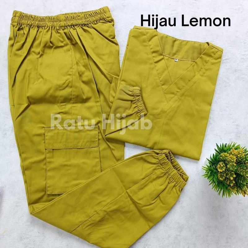 [RatuHijabCilacap] Baju Ok Oka Celana Jogger Cargo Lengan Panjang Karet Bahan American Drill Wanita Setelan Kerah V 2