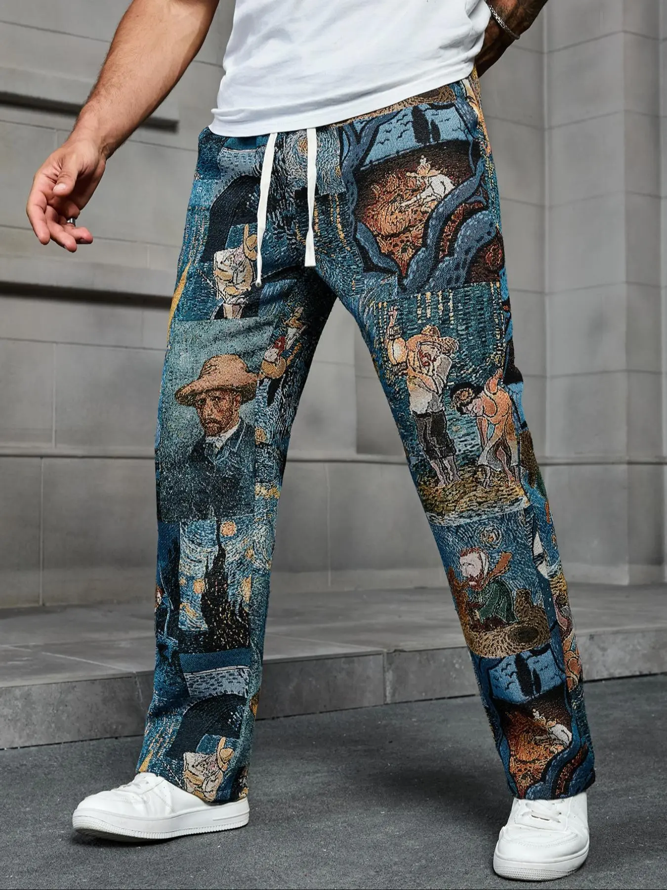 Men's All Over Print Straight Leg Pants, Casual Comfy Breathable Drawstring Waist Trousers for Daily Wear, Men's Bottoms for All Seasons