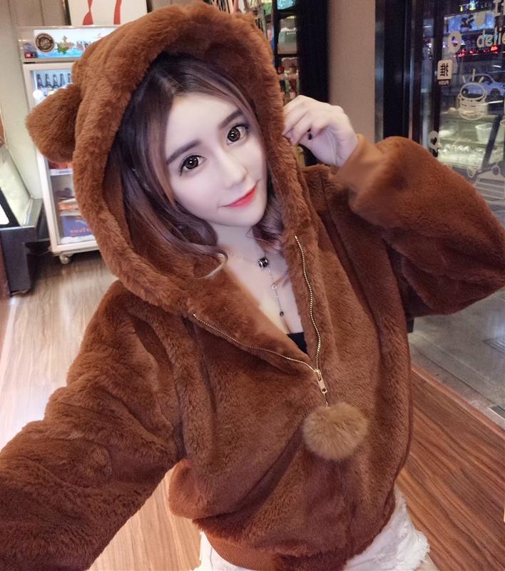 áo khoác lông tai thỏ quảng châu mũ   dễ thương (video tự quay )