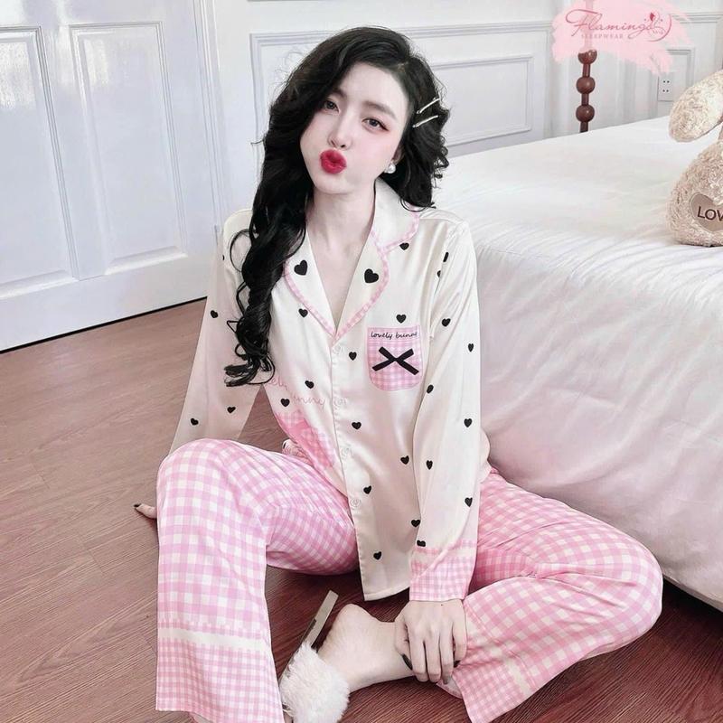 (42-60kg)bộ đồ ngủ pijama LỤA MỊN LATIN  gấu hồng  mềm mịn mát 2