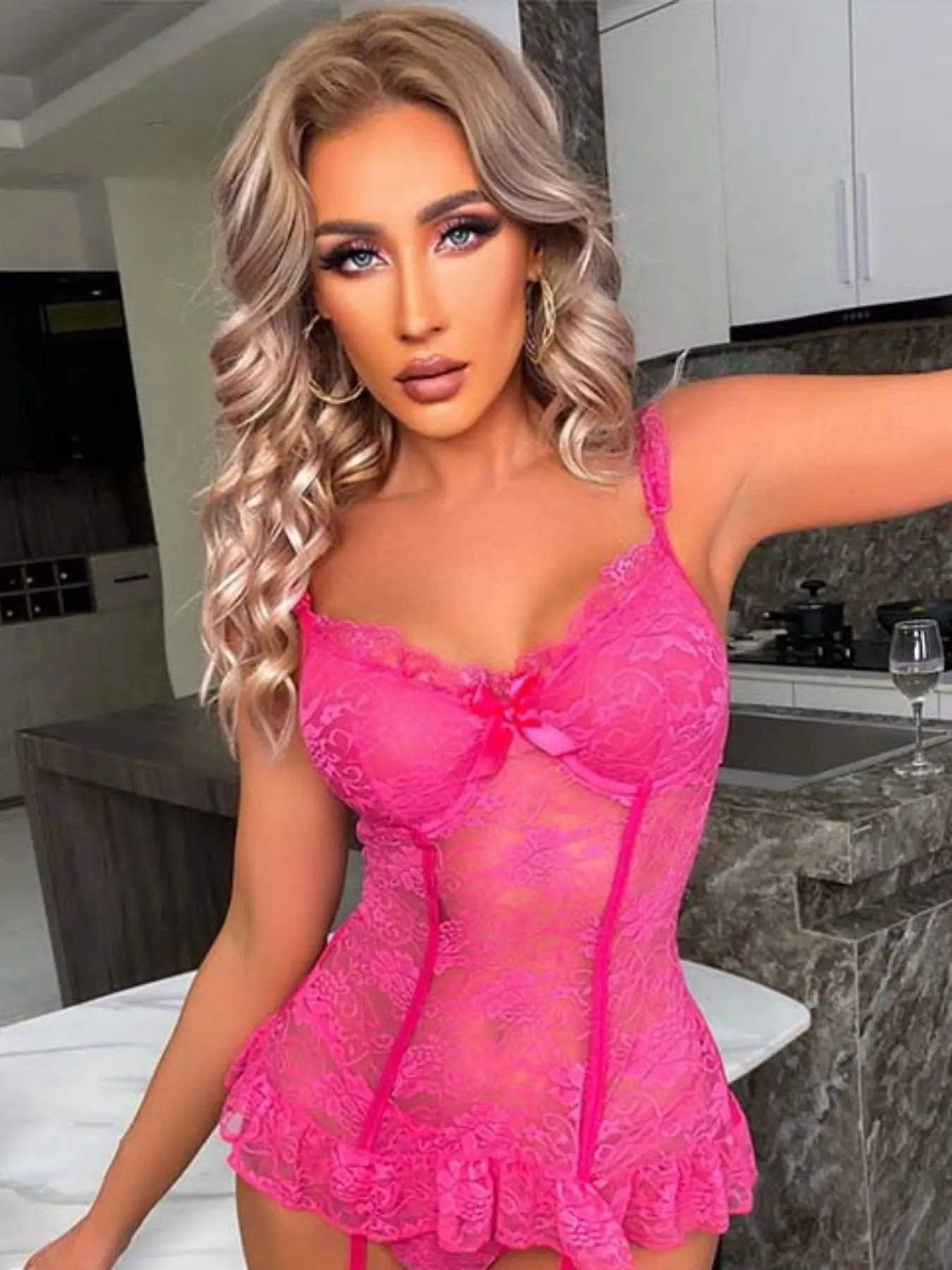 Women's Sheer Lace Sexy Lingerie Two-piece Set, Naughty Lingerie, Solid Color Push Up Lingerie Top & Thong Set without Stockings, Soft Comfy Breathable Lingerie Set for Women Valentine's Day, gift