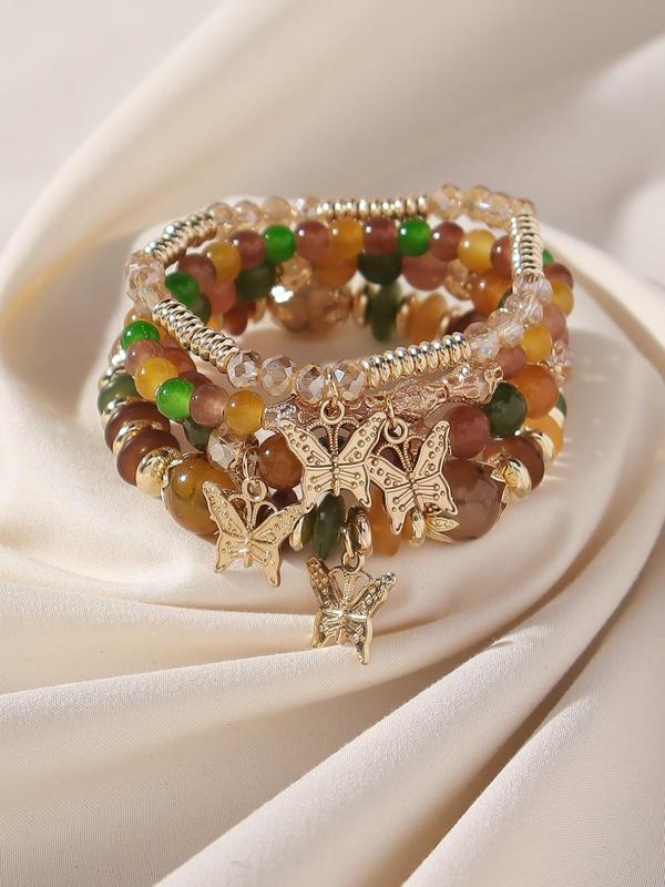 Boho Butterfly Decorative Beaded Stretch Bracelets, Holiday Style Colorblock Beaded Bracelet Set, Trendy Versatile Jewelry for Women and Girls, Holiday Gift 2