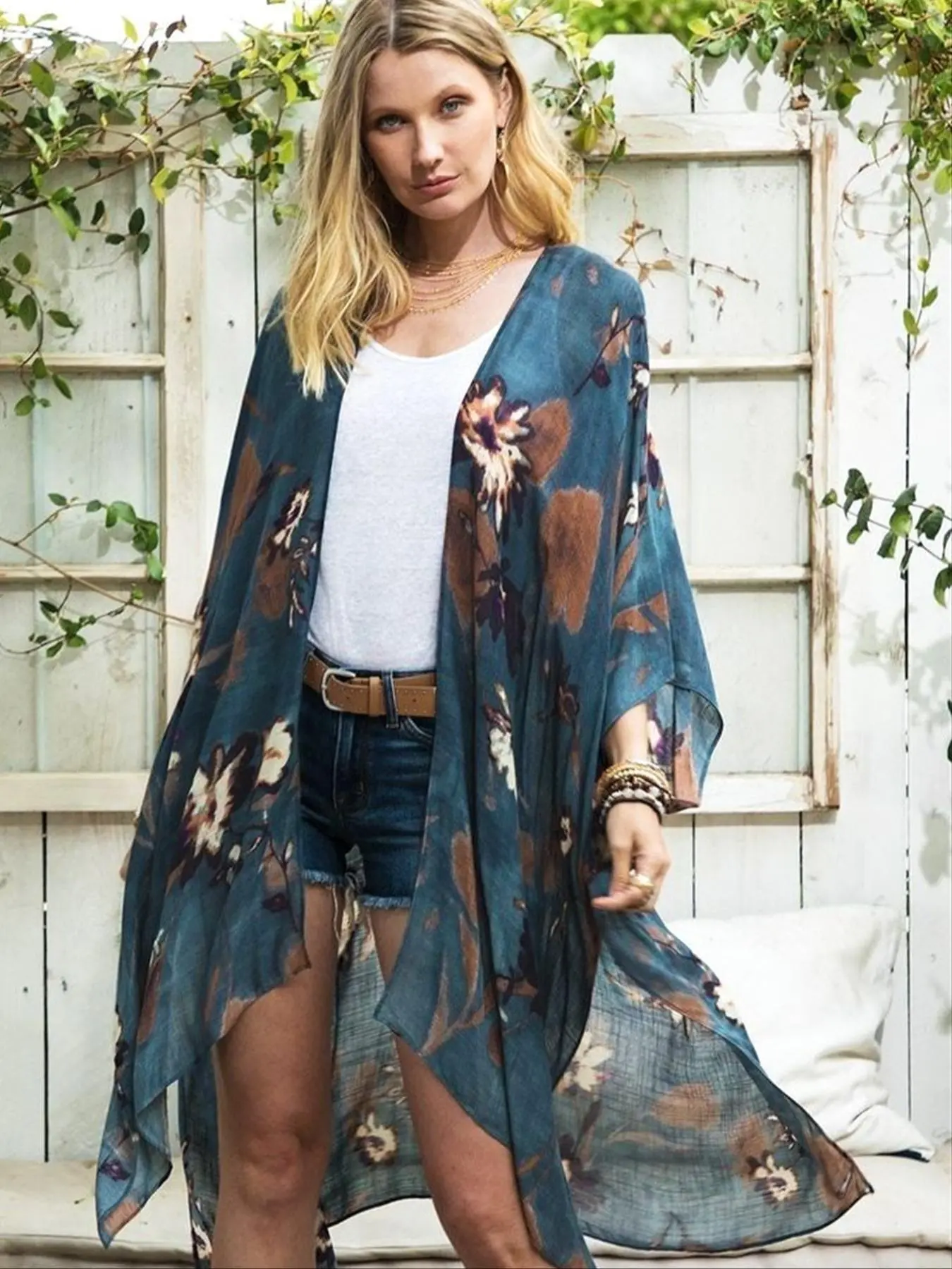 Women's Floral Print Batwing Sleeve Cover Up Top, Boho Casual Sheer Split Hem Cover Up for Beach Holiday Vacation, Ladies Summer Clothes, Clothing
