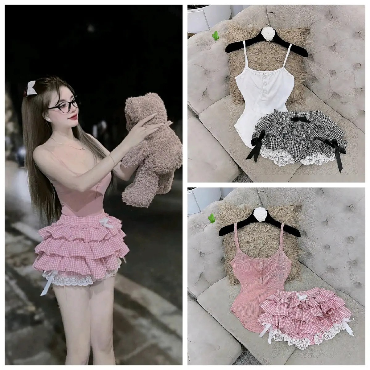 Set áo 2 dây thun gân mix quần giả váy caro phối ren siêu xinh Nữ