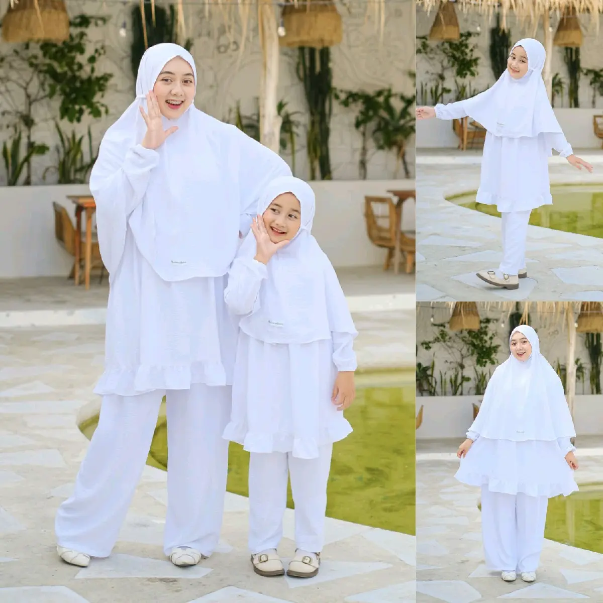 Baju Setelan Stelan Celana Panjang Atasan Tunik One Set Wanita dewasa Muslim Warna Polos Putih Bersih Couple Pasangan Mom Ibu Dan Anak Perempuan Manasik Haji Set Hijab Bergo Maryam model Terbaru Kekinian Crinkle Airflow Premium Adem Nyaman