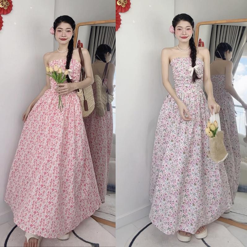 Đ.01-D Đầm Hoa Nhí Mùa Hè Dáng Dài Đầm cúp - Bo chun lưng | Tũm Clothing xoè
