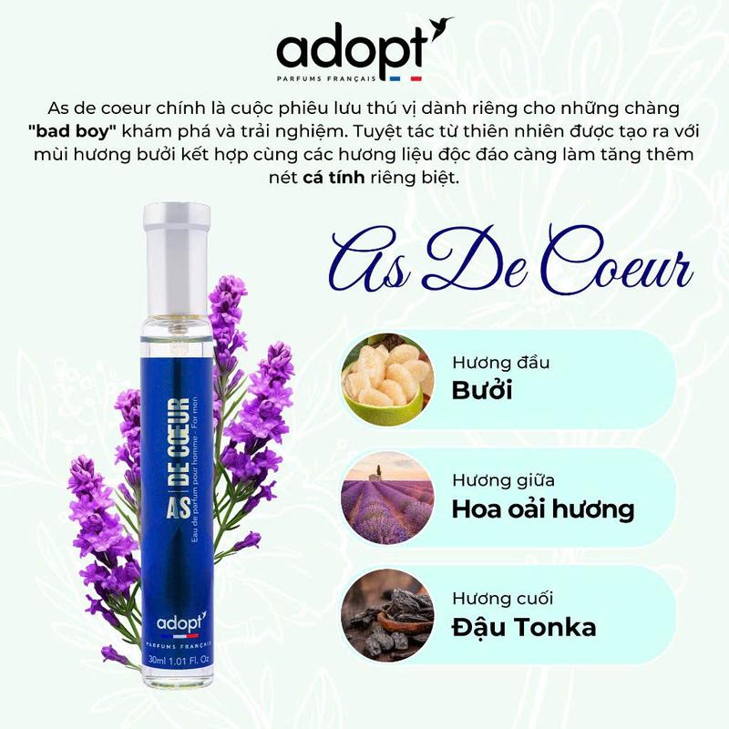 Nước hoa nam Adopt AS DE COEUR hương thơm phong cách cuốn hút - Nước hoa nam Pháp chính hãng 30ml Cosmetic Perfume Xịt Thơm
