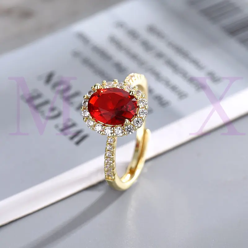 New Inlaid Imitation Natural Oval Garnet Ruby Women's Fashion Light Luxury Niche Open Adjustable Ring for Women
