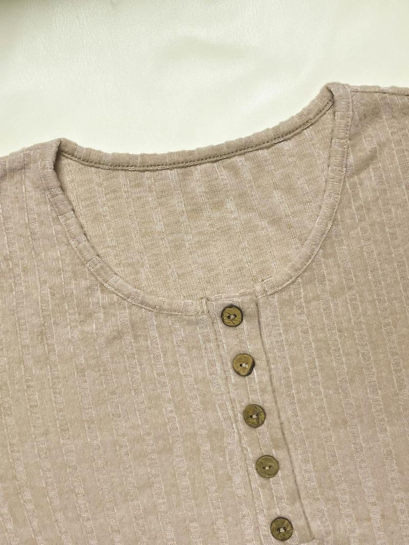 Product Introduction of Women's Plain Button Decor Ribbed Tee, Casual Long Sleeve T-shirt for Spring & Fall, Women's Top for Daily Wear 4