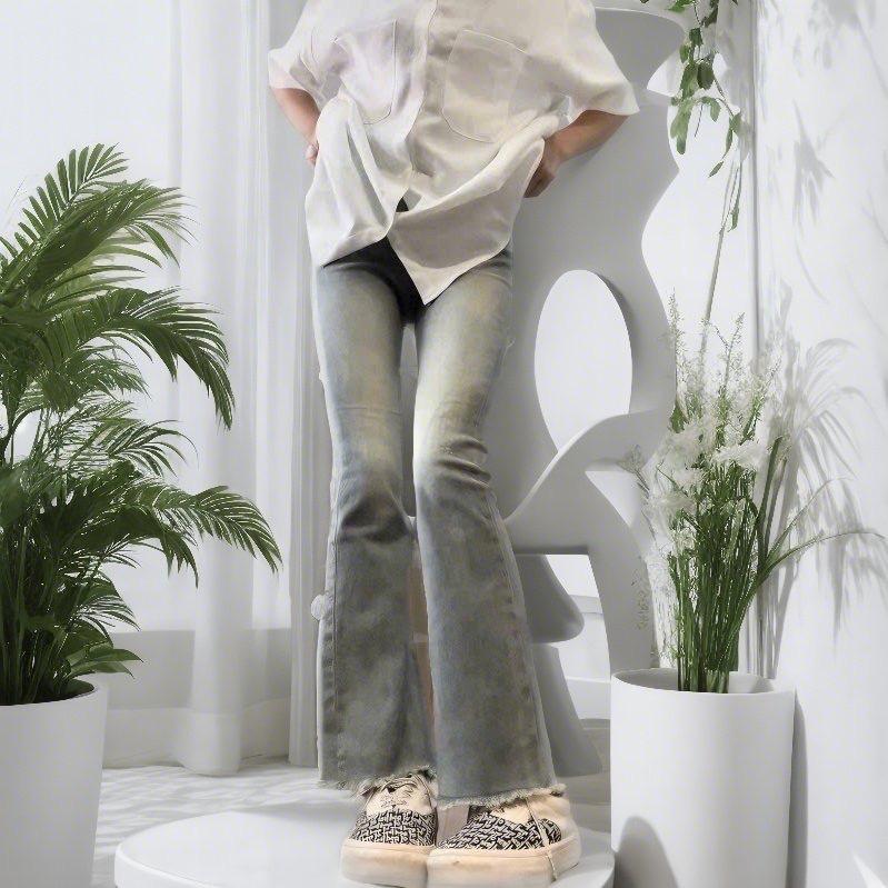 Quần jean ống loe màu xanh bạc mài đùi lưng cao dành cho NẤM LUN M55 Nữ Women 6