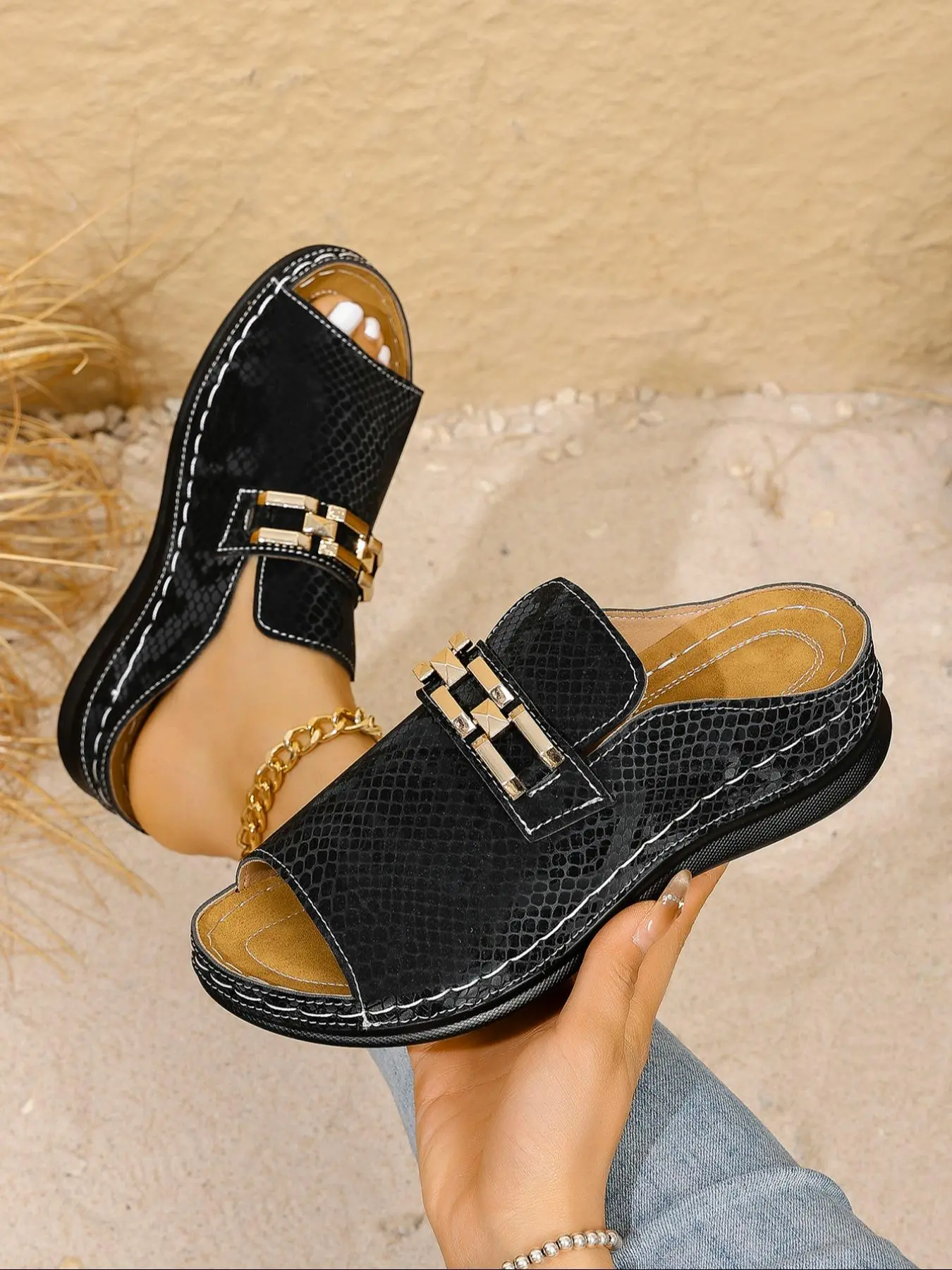 Women's Fashionable Snakeskin Print Double Band Platform Sandals, Casual Comfortable Wedge Sandals for Summer, Female All-match Round Toe Shoes for Daily Wear, Girl