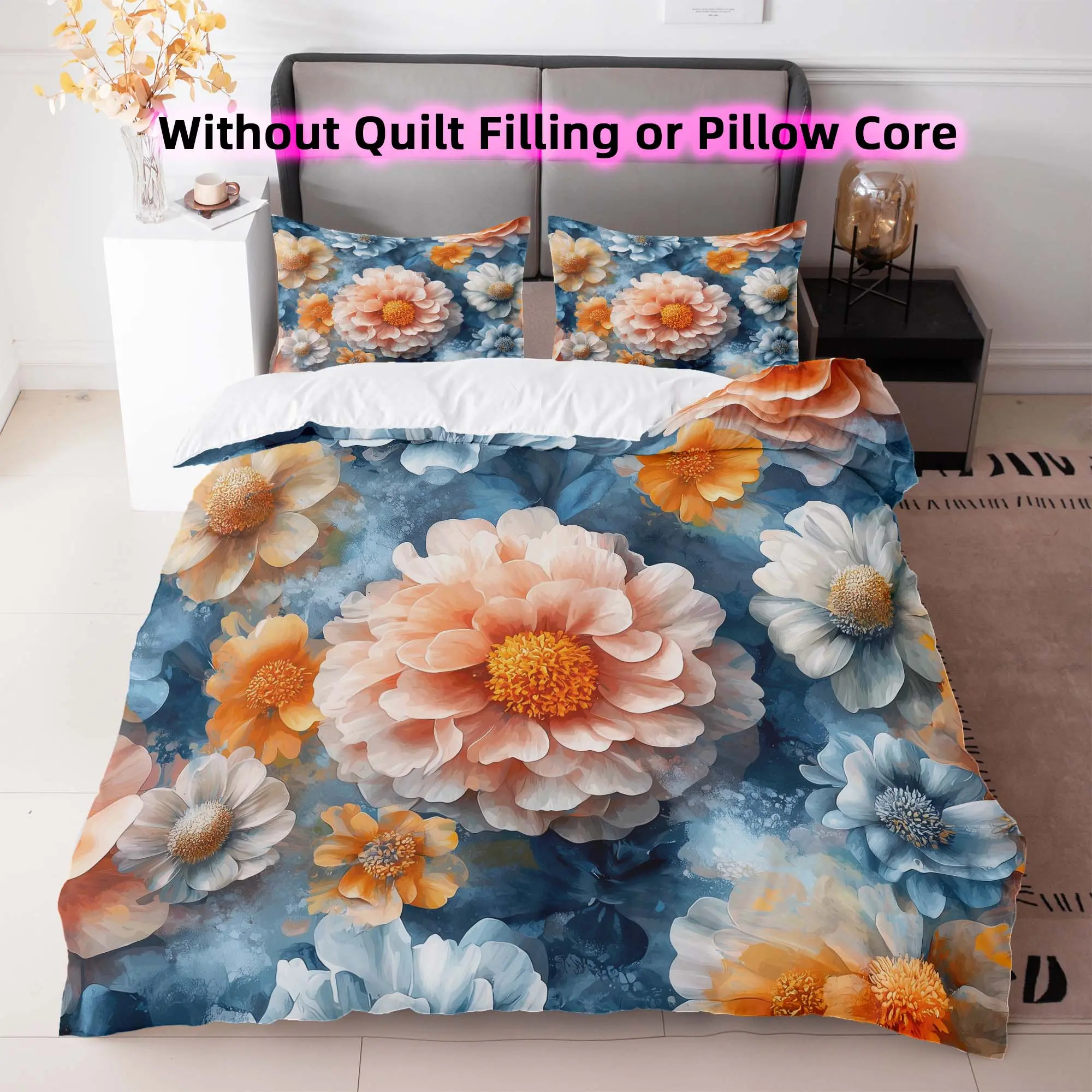 Flower Print Duvet Cover Set, 3 Counts/set Including 1 Duvet Cover & 2 Pillowcase without Filler, Soft Comfortable Bedding Set for Home Bedroom