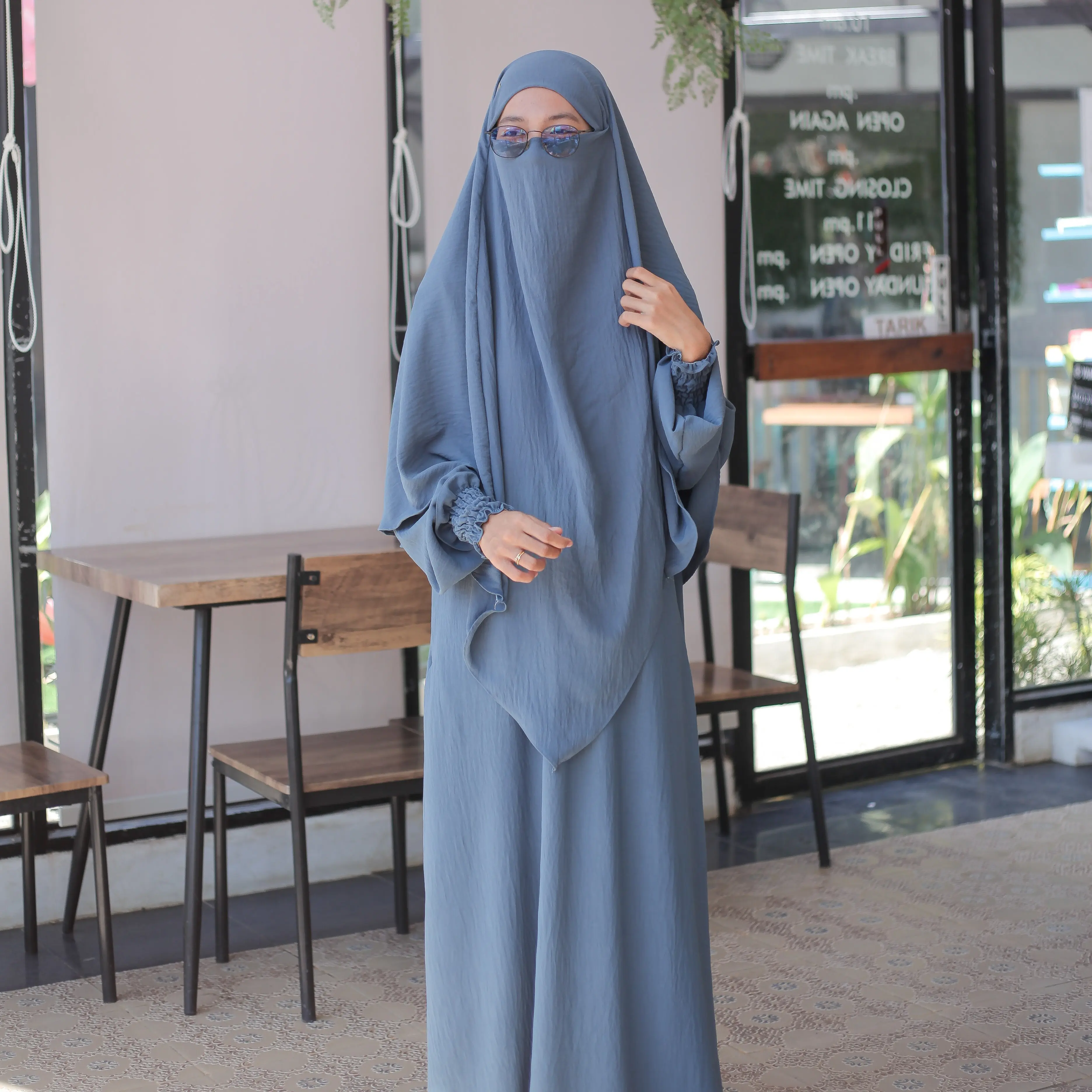 Gamis Naira syari Set French Khimar Bahan crinkle Airflow muslim panjang