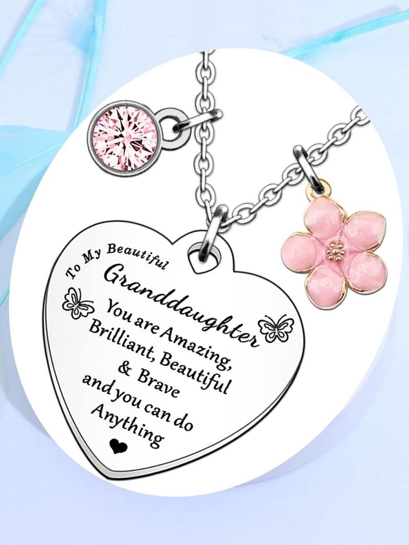 Product Introduction of Cute Heart Shaped Pendant Necklace with Rhinestones & Pink Flower Charm Decor, Fashion Jewelry Accessories for Granddaughter As Gift 2