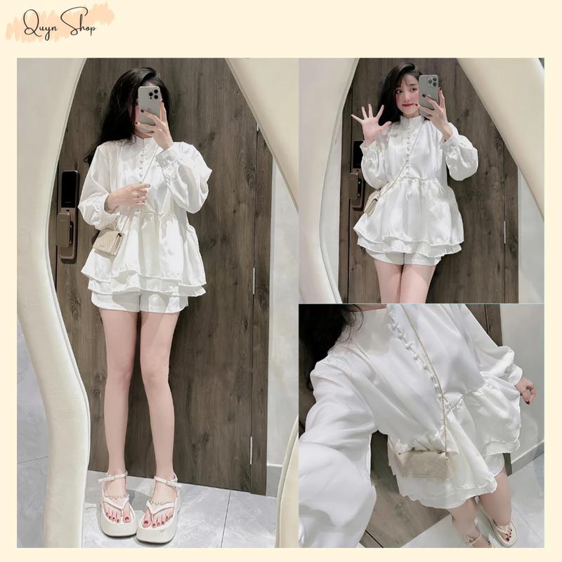 Set Bộ Babydoll Trắng Cổ Trụ Đính Cúc Ngọc + Quần Short Dáng Tiểu Thư Sang Chảnh, QUYN.030 set dothudong quan a set dodientet sét xinh set babydoll