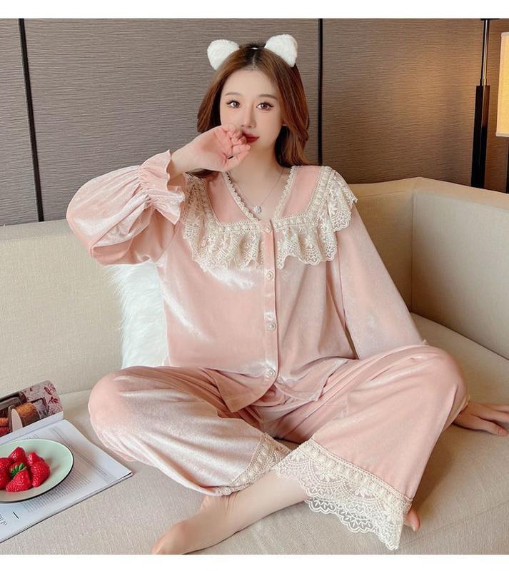 Product Introduction of Oootd-Đồ Ngủ Nhung Vàng Cho Nữ, Bộ Đồ Công Chúa Ren Mỏng, Quần Dài Tay, Áo Cardigan, Đồ Mặc Nhà, Mùa Xuân Và Mùa Thu, Mới 1