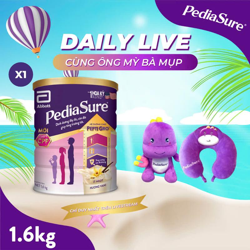 DEAL OMBM TẶNG GỐI CỔ + KHỦNG LONG 1 Lon PediaSure Dạng Bột Hương Vani Ít Ngọt 1.6kg