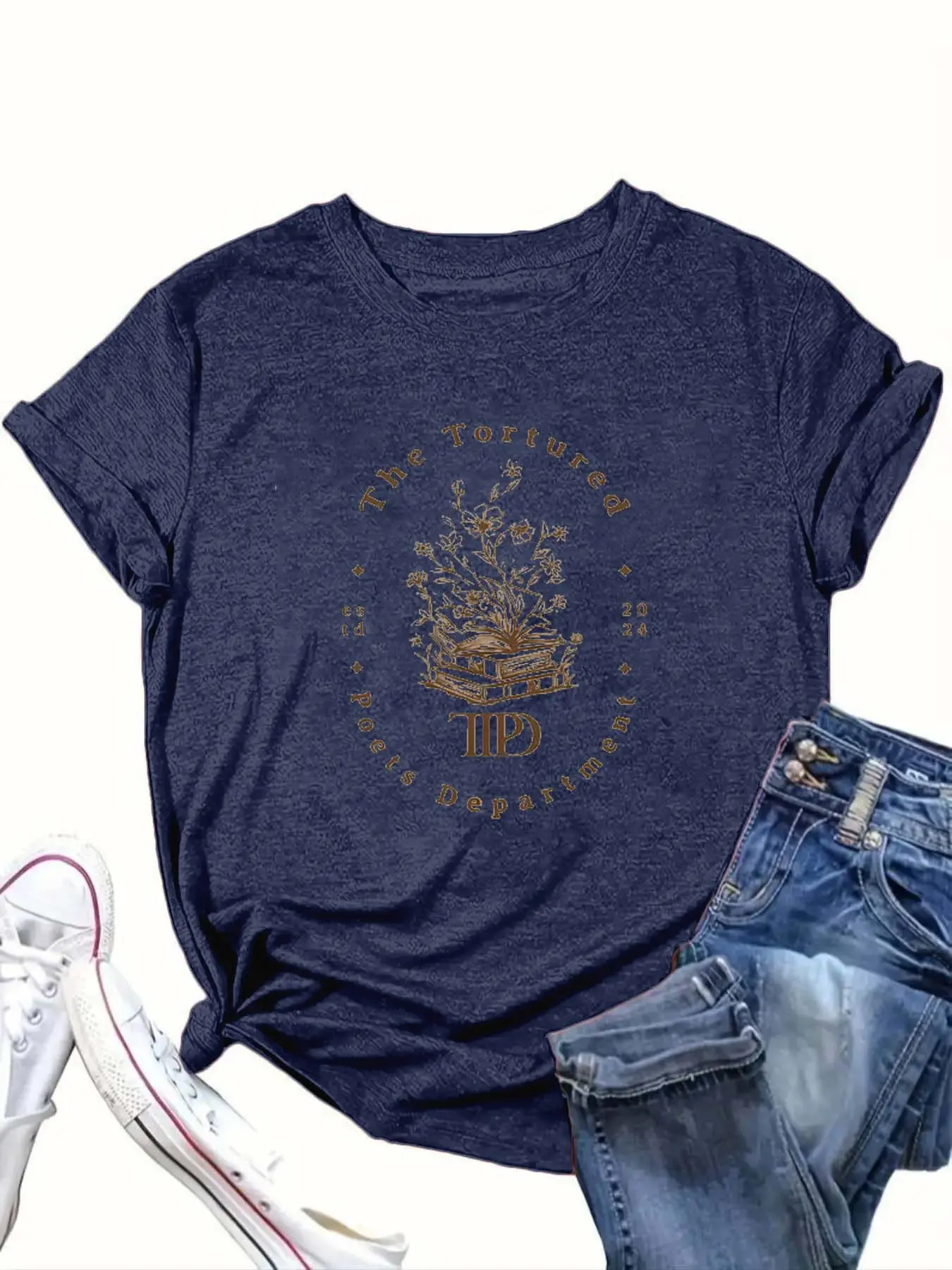 【Plus Size】 Letter & Book Print Round Neck Tee, Casual Short Sleeve Crew Neck T-shirt for Summer, Women's Clothing for Daily Wear